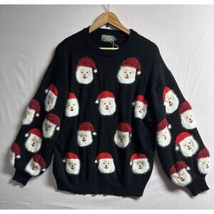 Lubot Santa Faces Women’s Holiday Christmas Sweater Crewneck Black Size Large